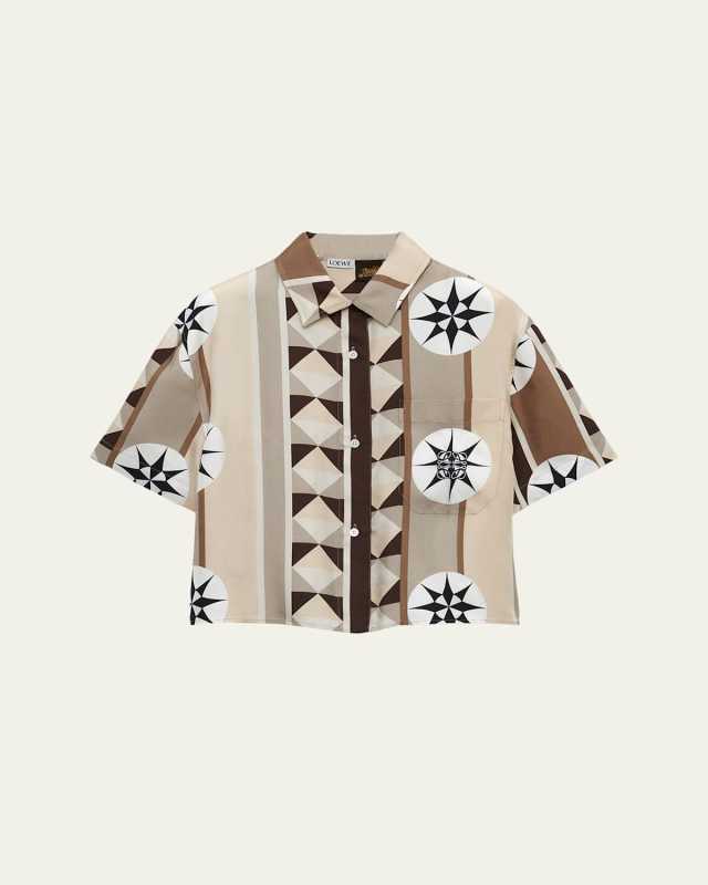 Scarf Print Cropped Boxy Silk Shirt